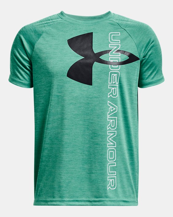 Boys' UA Tech™ Split Logo Hybrid Short Sleeve in Green image number 0